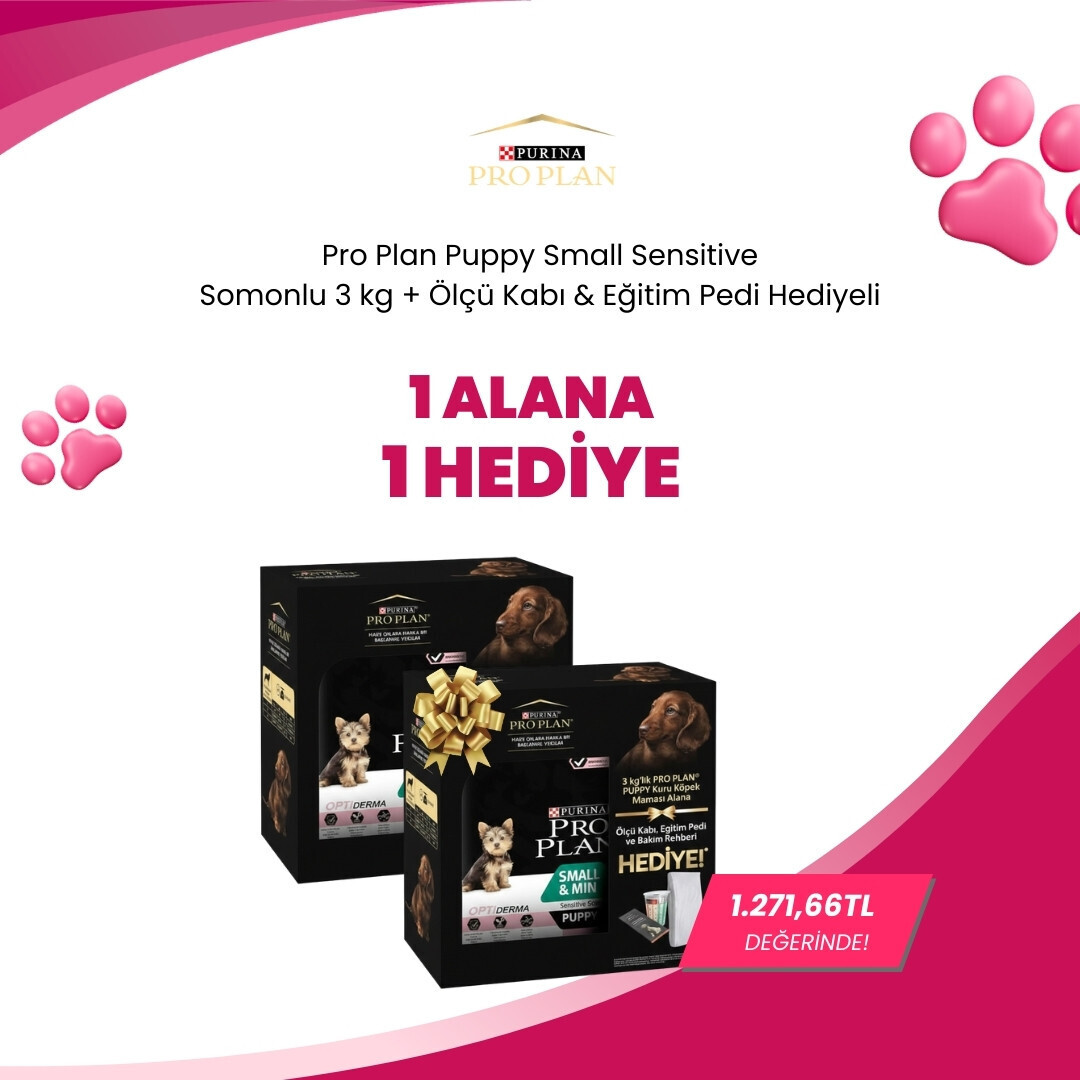 Pro Plan Puppy Small Sensitive Somonlu Küçük Irk Hassas Yavru Köpek Maması 3 kg + Ölçü Kabı ve Eğitim Pedi Hediyeli 1 Alana 1 Hediye