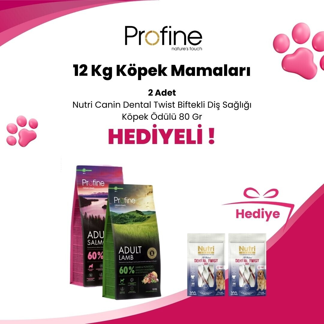Profine 12 Kg Köpek Mamalarına 2 Adet Nutri Canin Dental Twist Biftekli Diş Sağlığı Köpek Ödülü 80 Gr Hediye