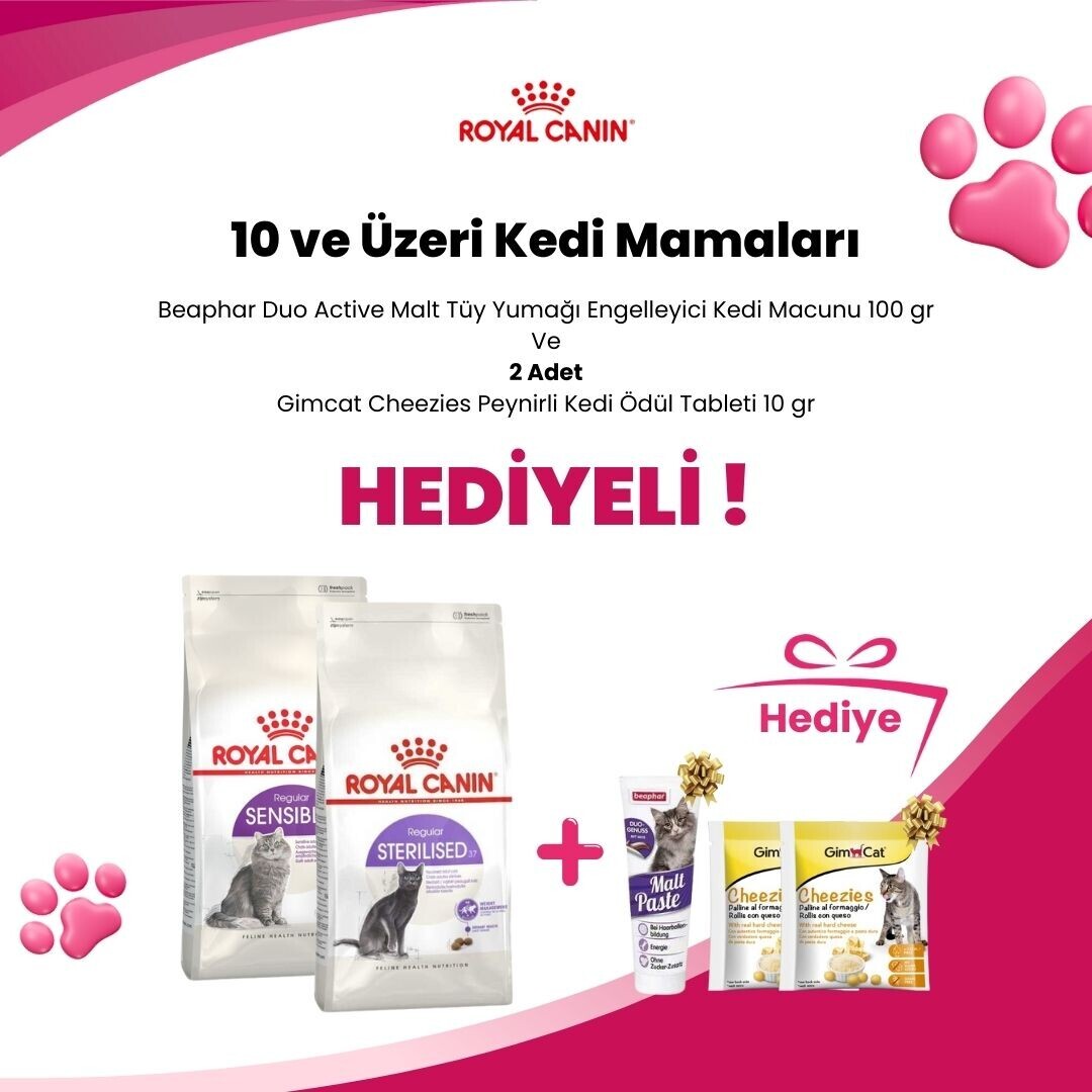 Royal Canin 10 Kg ve Üstü Kedi Mamalarına 1 Adet Beaphar Duo Active Malt Tüy Yumağı Engelleyici Kedi Macunu 100 gr ve 2 Adet Gimcat Cheezies Peynirli Kedi Ödül Tableti 10 gr Hediye