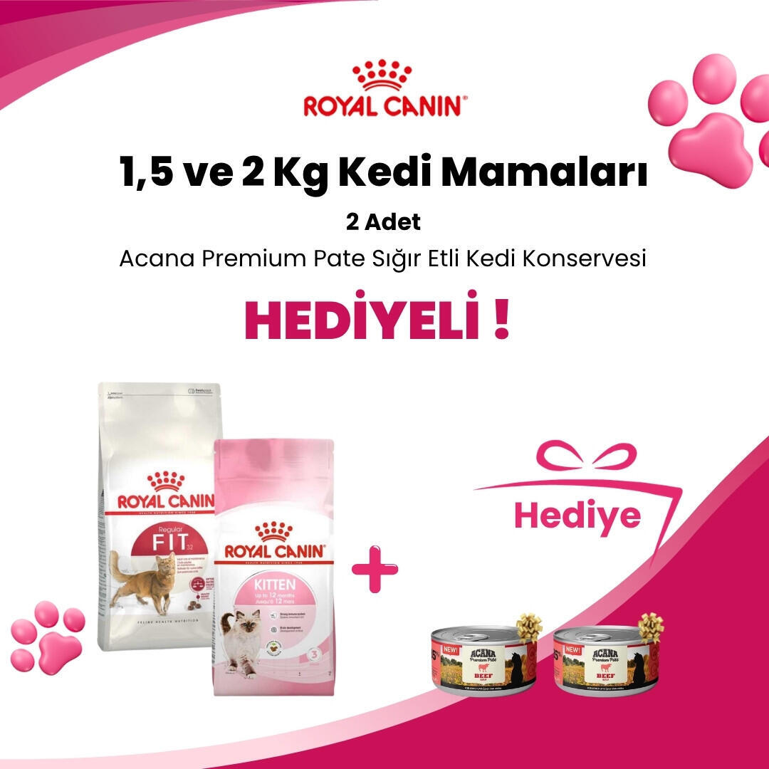 Royal Canin 1,5 ve 2 Kg Kedi Mamalarına 2 Adet Acana Premium Pate (Ezme) Sığır Etli Kedi Konservesi 85 gr Hediye