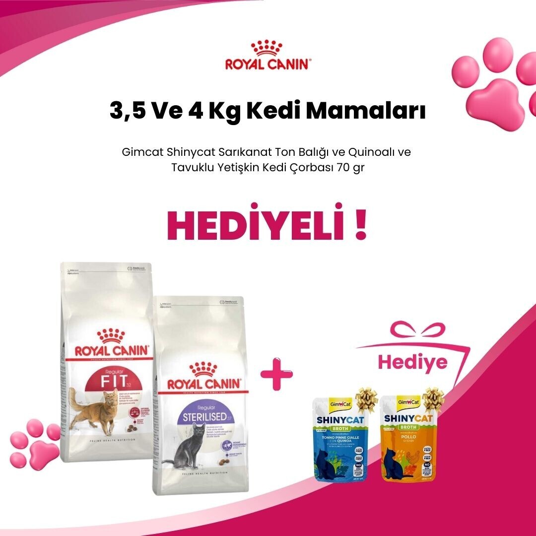 Royal Canin 3,5 ve 4 Kg Kedi Mamalarına Gimcat Shinycat Sarıkanat Ton Balığı ve Quinoalı Yetişkin Kedi Çorbası 70 gr ve Gimcat Shinycat Tavuklu Yetişkin Kedi Çorbası 70 gr Hediye