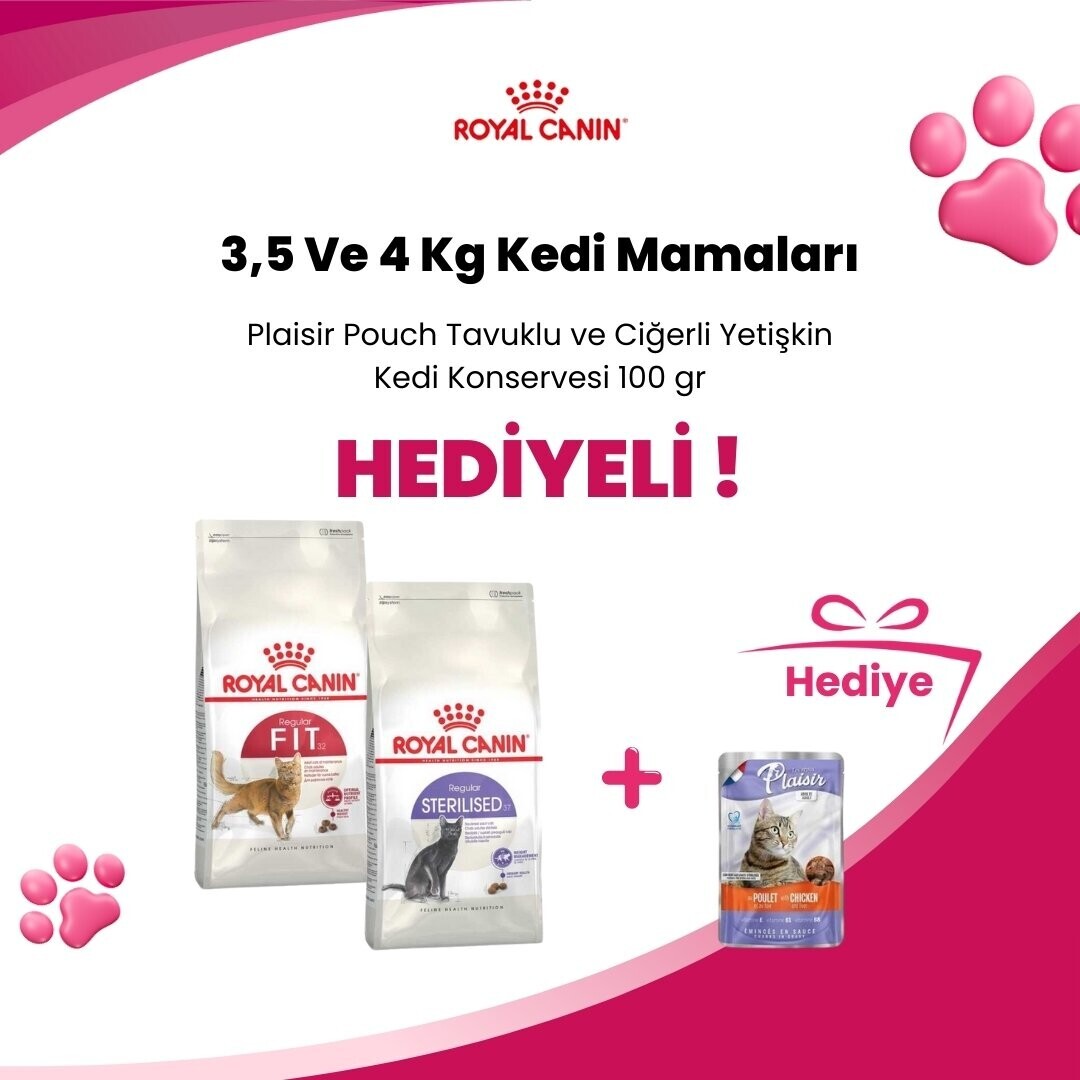 Royal Canin 3,5 ve 4 Kg Kedi Mamalarına Plaisir Pouch Tavuklu ve Ciğerli Yetişkin Kedi Konservesi 100 gr Hediye