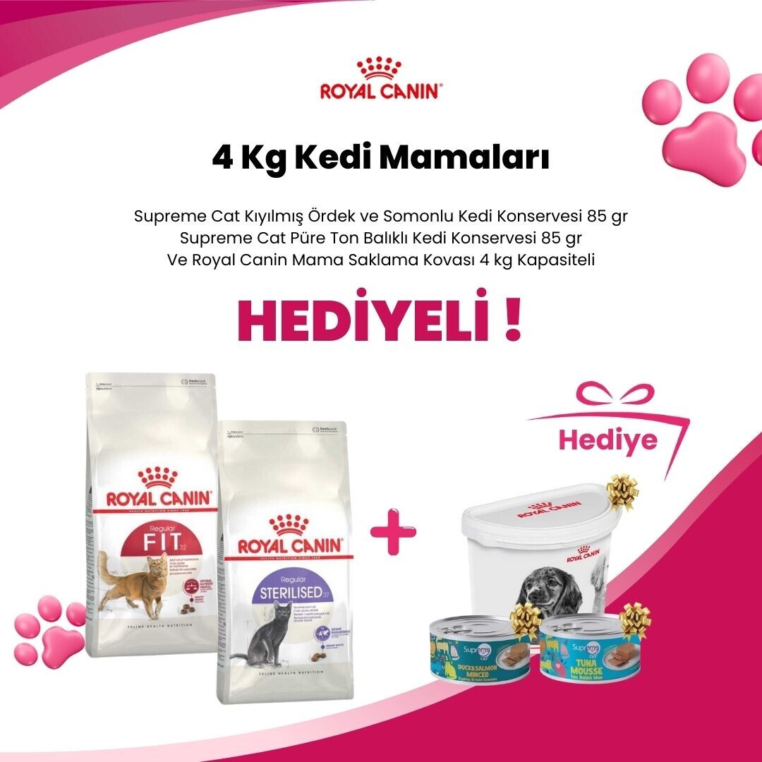 Royal Canin 3,5 ve 4 Kg Kedi Mamalarına Supreme Cat Kıyılmış Ördek ve Somonlu , Supreme Cat Püre Ton Balıklı Kedi Konservesi 85 gr ve Royal Canin Mama Saklama Kovası 4 kg Kapasiteli Hediye