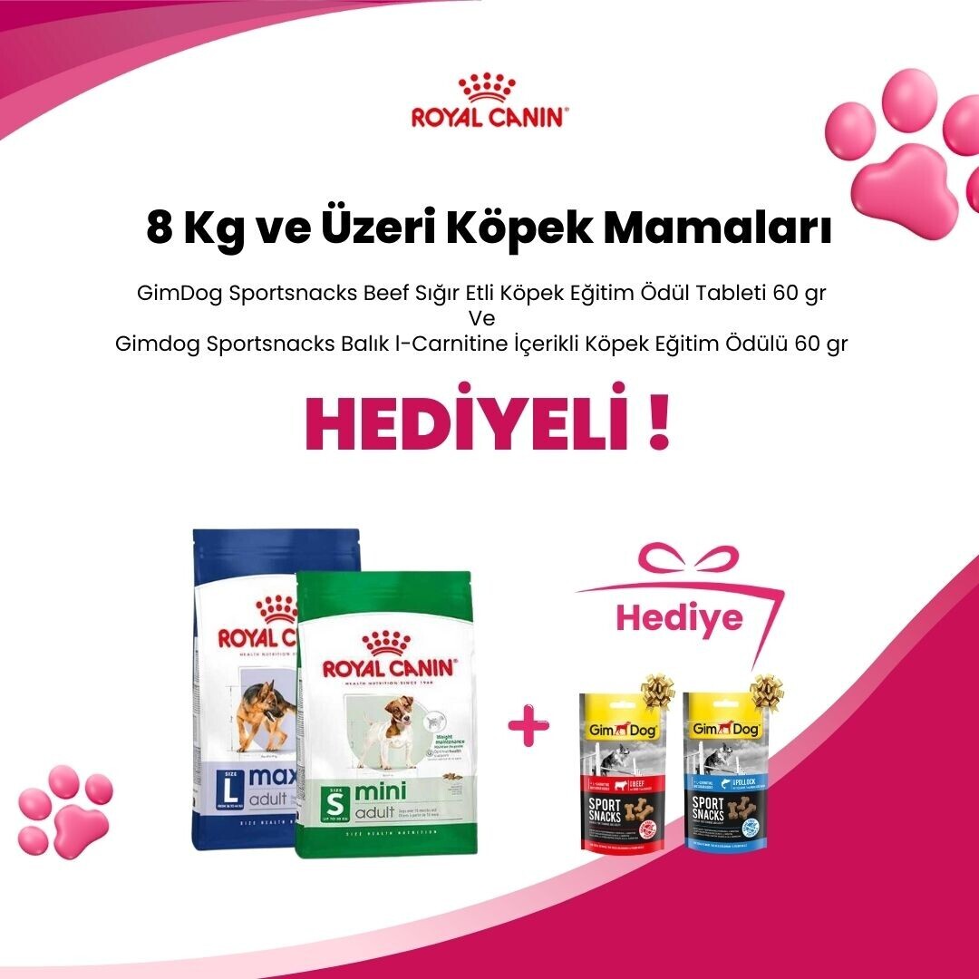 Royal Canin 8 Kg ve Üzeri Köpek Mamalarına GimDog Sportsnacks Beef Sığır Etli Köpek Eğitim Ödül Tableti 60 gr ve Gimdog Sportsnacks Balık l-Carnitine İçerikli Köpek Eğitim Ödülü 60 gr Hediye