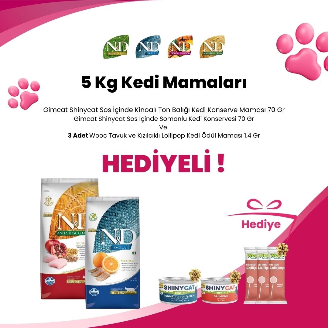 N&D 5 Kg Kedi Mamalarına Supreme Cat Kıyılmış Tavuk ve Ton Balıklı Kedi Konservesi 85 gr ve Supreme Cat Kıyılmış Tavuk ve Uskumru Kedi Konservesi 85 gr Hediye