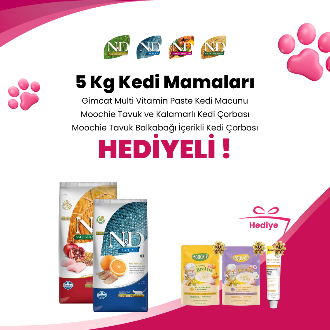 N&D 5 Kg Kedi Mamalarına Gimcat Multi Vitamin Paste Kedi Macunu 20 gr, Moochie Tavuk ve Kalamarlı Kedi Çorbası 40 gr ve Moochie Tavuk Balkabağı İçerikli Kedi Çorbası 40 gr Hediye