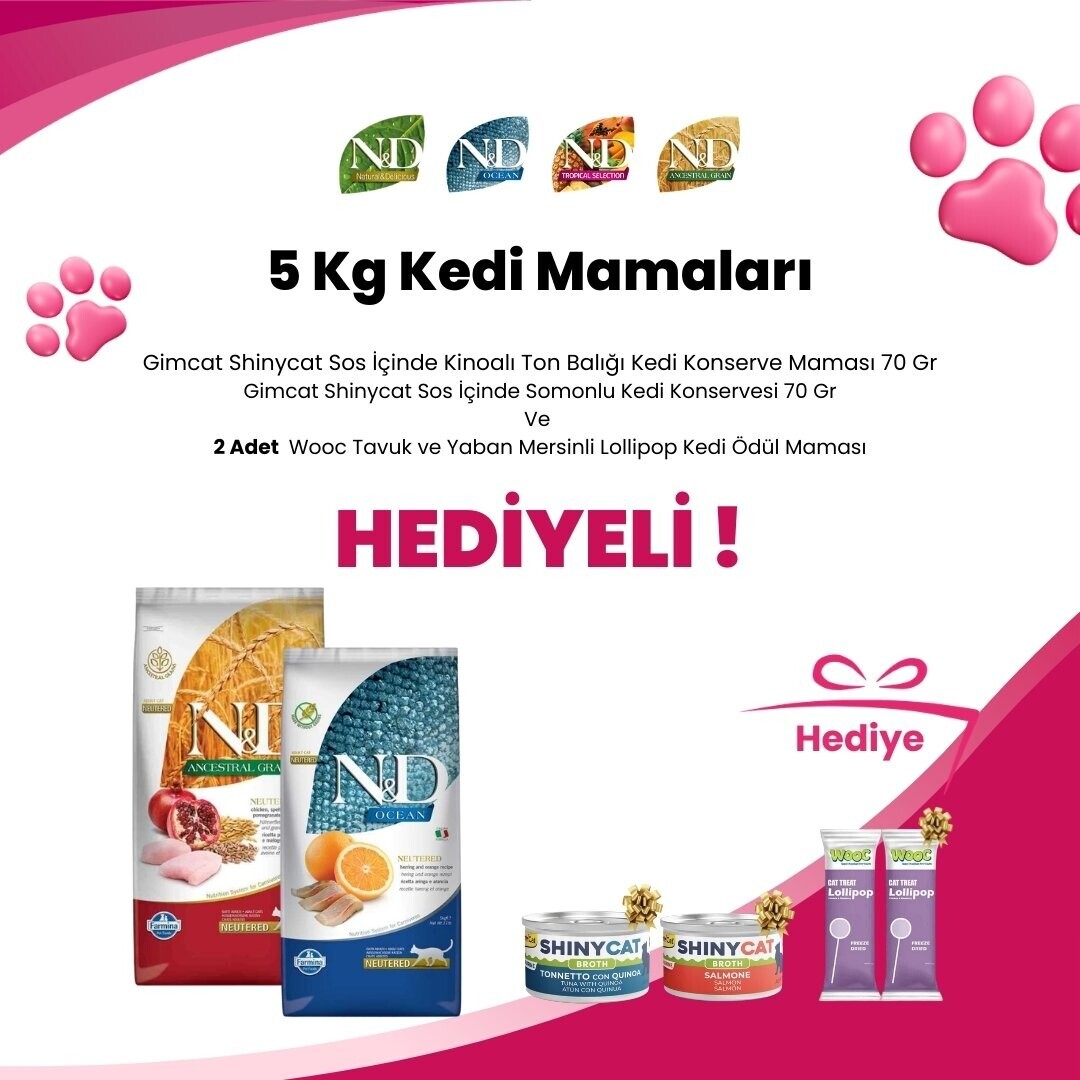 N&D 5 Kg Kedi Mamalarına 2 Adet Wooc Tavuk ve Yaban Mersinli Lollipop, Gimcat Shinycat Sos İçinde Somonlu Kedi Konservesi 70 Gr ve Gimcat Shinycat Sos İçinde Kinoalı Ton Balığı Kedi Konserve Maması 70 Gr Hediye