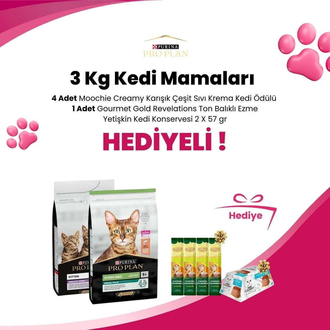 Pro Plan 3 Kg Kedi Mamalarına 4 Adet Moochie Creamy Karışık Çeşit Sıvı Krema Kedi Ödülü 1 Adet ve Gourmet Gold Revelations Ton Balıklı Ezme Yetişkin Kedi Konservesi 2 X 57 gr Hediye