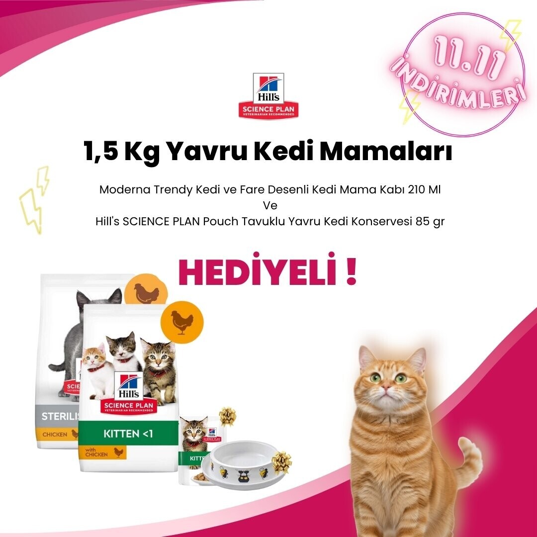 Hill's Science Plan 1,5 Kg Yavru Kedi Mamalarına Moderna Trendy Kedi ve Fare Desenli Kedi Mama Kabı 210 Ml ve Hill's SCIENCE PLAN Pouch Tavuklu Yavru Kedi Konservesi 85 gr Hediye