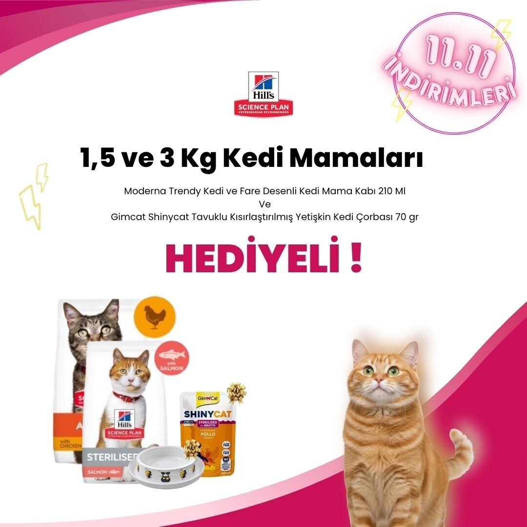Hill's Science Plan 1,5 ve 3 Kg Kedi Mamalarına Gimcat Shinycat Tavuklu Kısırlaştırılmış Yetişkin Kedi Çorbası 70 gr ve Moderna Trendy Kedi ve Fare Desenli Kedi Mama Kabı 210 Ml Hediye