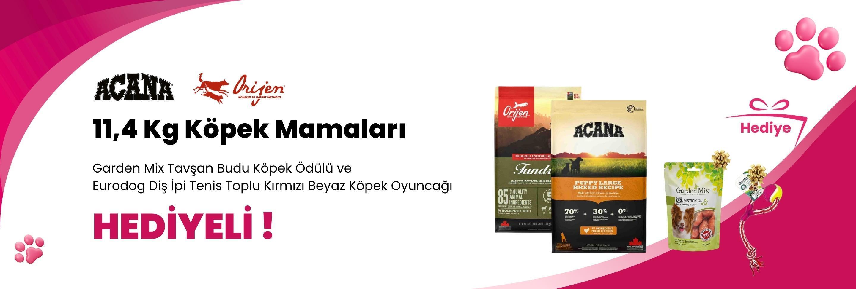 Acana ve Orijen 11,4 Kg Köpek Mamalarına Eurodog Diş İpi Tenis Toplu Kırmızı Beyaz Köpek Oyuncağı 40 cm ve Garden Mix Tavşan Budu Köpek Ödülü 75 gr Hediye
