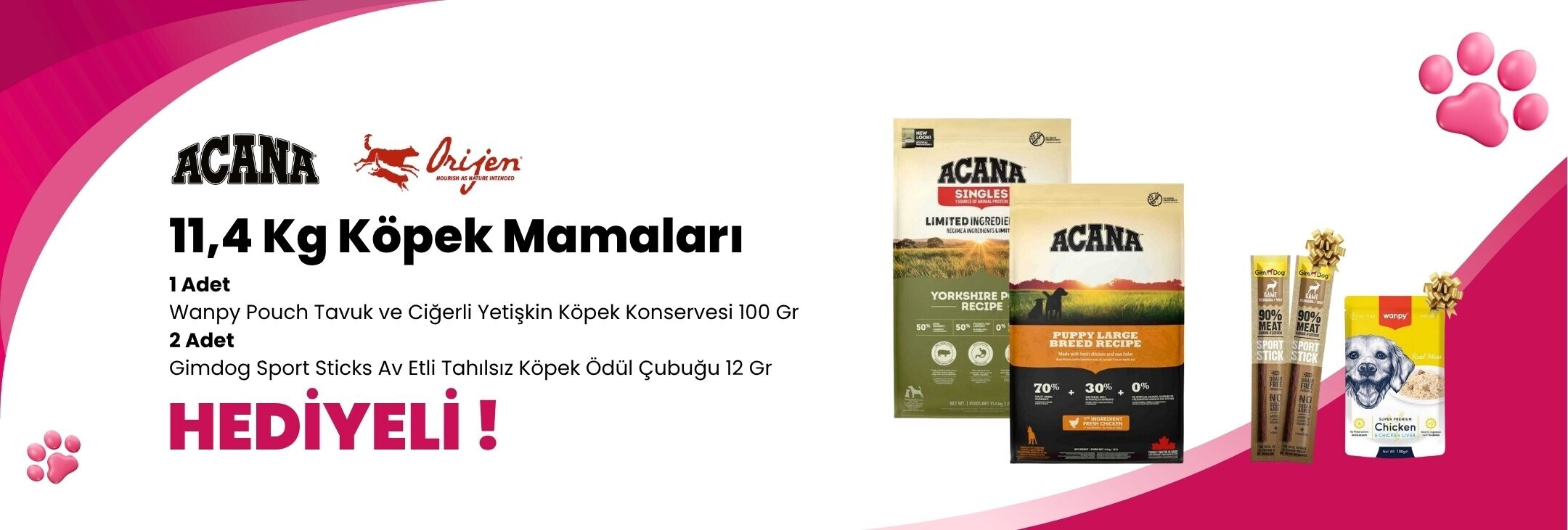 Acana 11,4 Kg Köpek Mamalarına 1 Adet Wanpy Pouch Tavuk ve Ciğerli Yetişkin Köpek Konservesi 100 Gr 2 Adet Gimdog Sport Sticks Av Etli Tahılsız Köpek Ödül Çubuğu 12 Gr Hediye