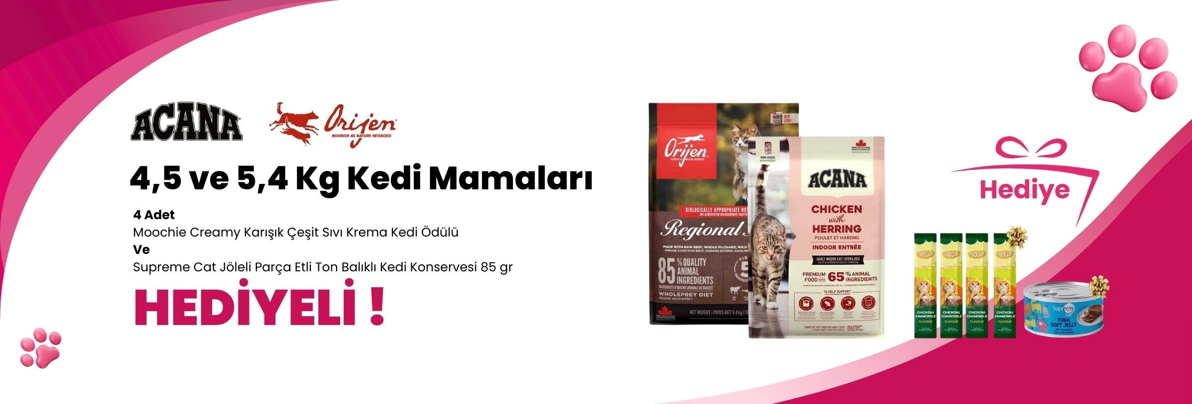 Acana ve Orijen 4,5 ve 5,4 Kg Kedi Mamalarına Gimcat Shinycat Ton Balığı ve Somonlu Yetişkin Kedi Çorbası 70 gr ve Gimcat Shinycat Ton Balığı ve Karidesli Yetişkin Kedi Çorbası 70 gr Hediye