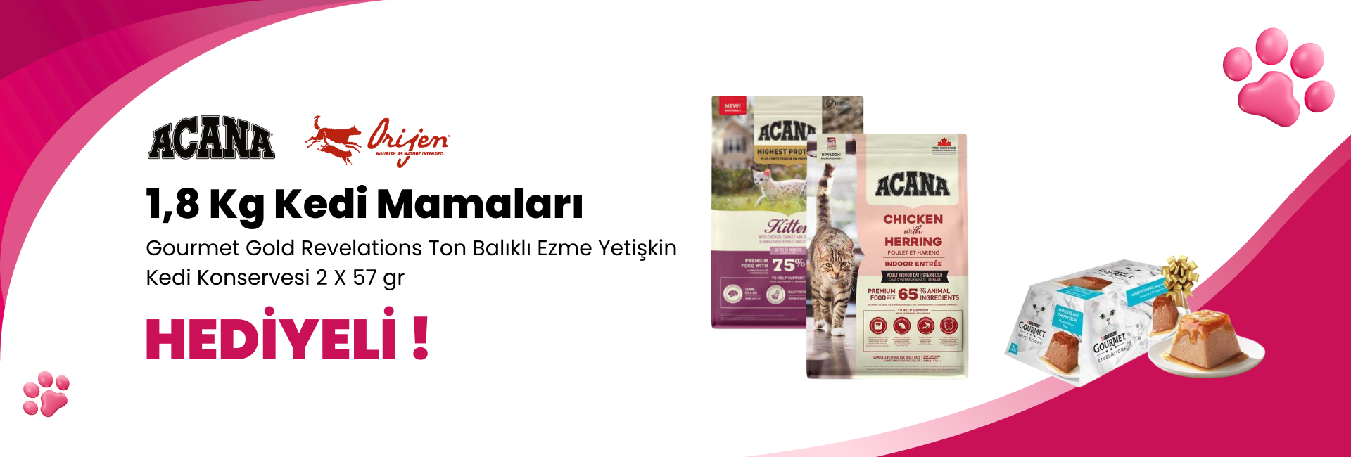 Acana ve Orijen 1,8 Kg Kedi Mamalarına Gourmet Gold Revelations Sığır Etli Ezme Yetişkin Kedi Konservesi 2 X 57 gr Hediye