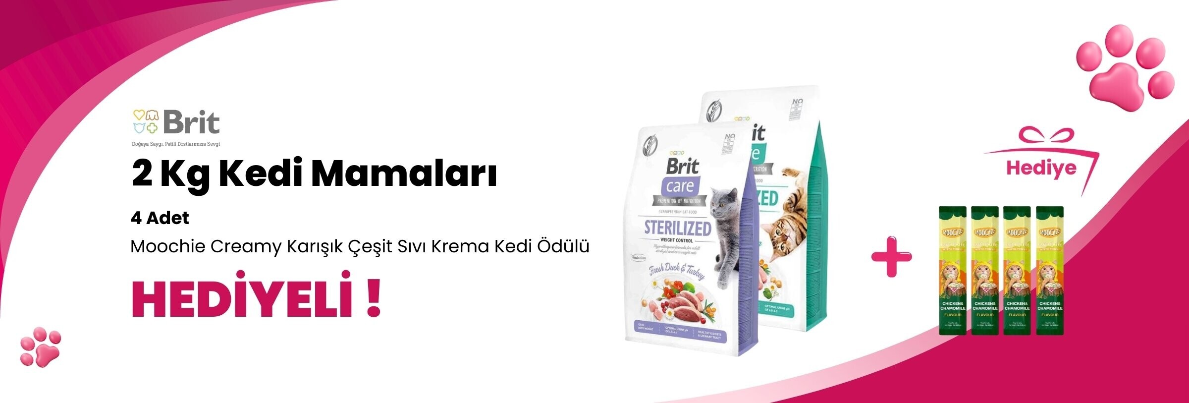 Brit Care 2 Kg Kedi Mamalarına 4 Adet Moochie Creamy Karışık Çeşit Sıvı Krema Kedi Ödülü Hediye
