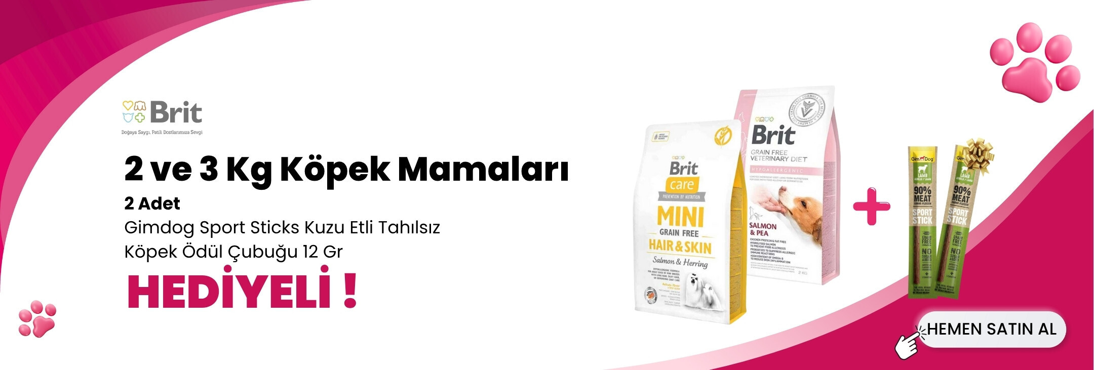 Brit Care 2 ve 3 Kg Köpek Mamalarına 2 Adet Gimdog Sport Sticks Kuzu Etli Tahılsız Köpek Ödül Çubuğu 12 Gr Hediye