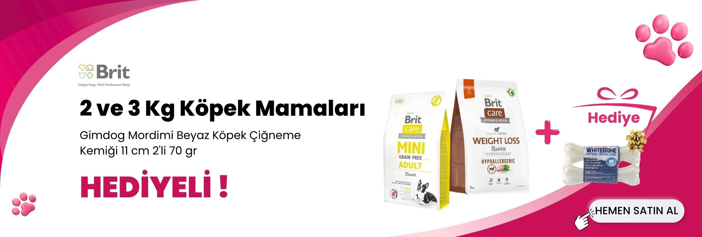 Brit Care 2 ve 3 Kg Köpek Mamalarına Gimdog Mordimi Beyaz Köpek Çiğneme Kemiği 11 cm 2'li 70 gr Hediye