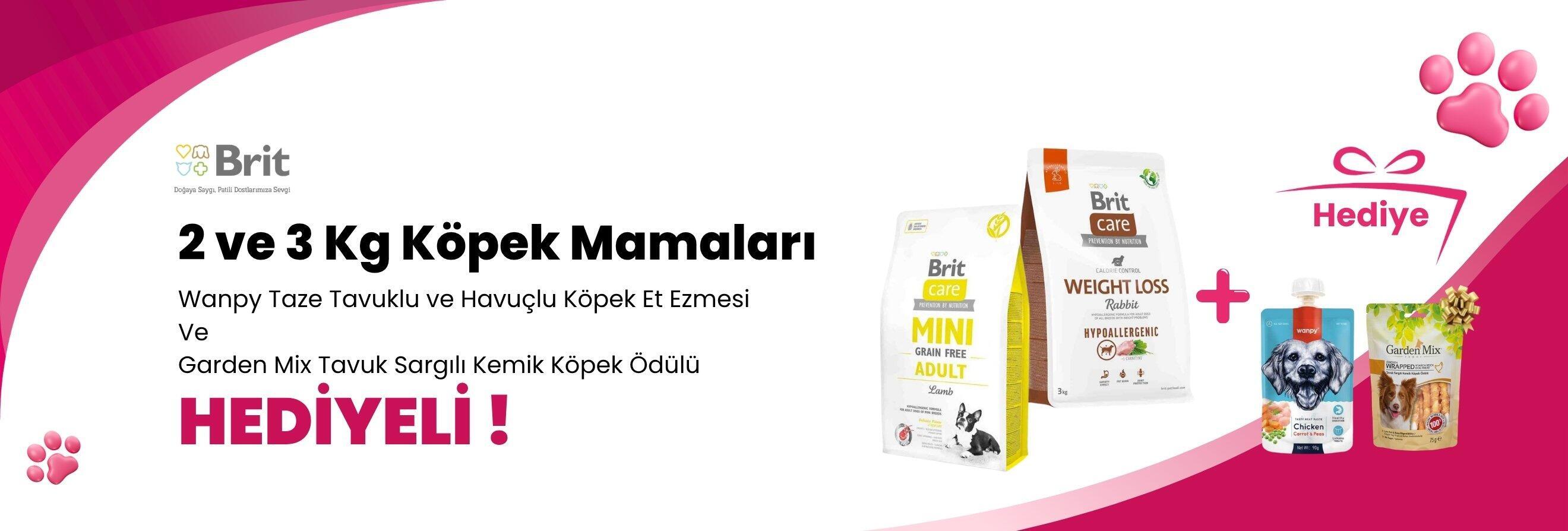 Brit Care 2 ve 3 Kg Köpek Mamalarına Wanpy Taze Tavuklu ve Havuçlu Köpek Et Ezmesi 90 gr ve Garden Mix Tavuk Sargılı Kemik Köpek Ödülü 75 gr Hediye