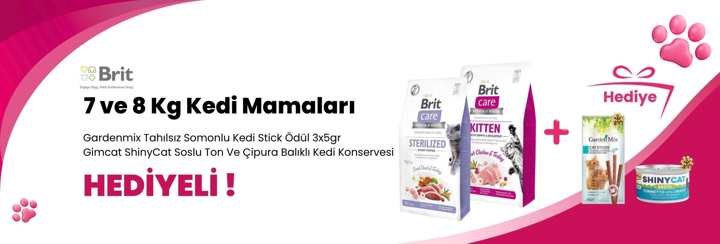 Brit Care 7 ve 8 Kg Kedi Mamalarına Gardenmix Tahılsız Somonlu Kedi Stick Ödül 3x5gr ve Gimcat ShinyCat Soslu Ton Ve Çipura Balıklı Kedi Konservesi 70 Gr Hediye 