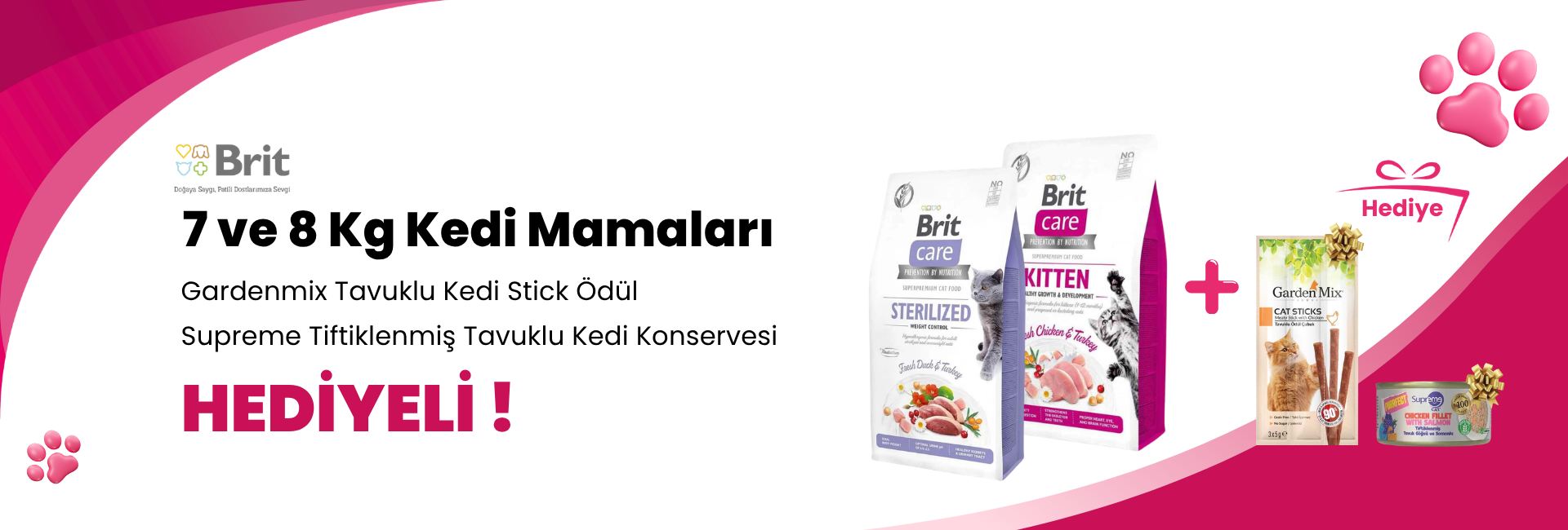 Brit Care 7 ve 8 Kg Kedi Mamalarına Garden Mix Dana Etli Kedi Stick Ödül 3 X 5 gr ve Supreme Cat Purrfect Tiftiklenmiş Tavuk Göğsü ve Somonlu Yetişkin Kedi Konservesi 70 gr Hediye