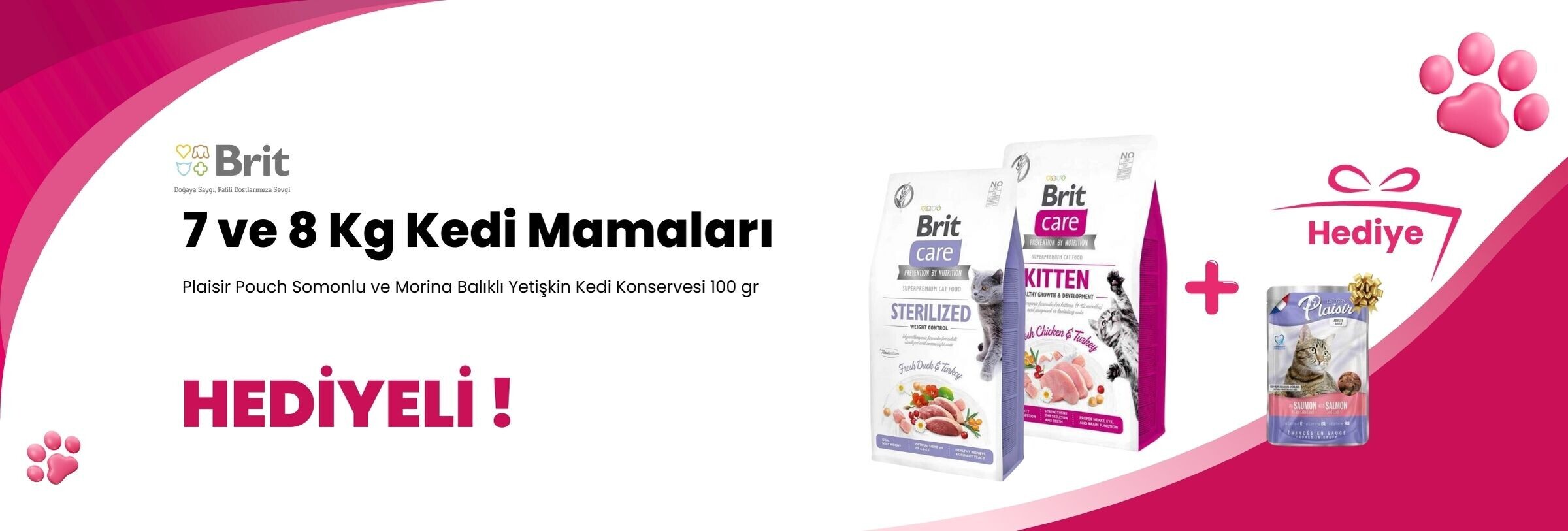 Brit Care 7 ve 8 Kg Kedi Mamalarına Plaisir Pouch Somonlu ve Morina Balıklı Yetişkin Kedi Konservesi 100 gr Hediye