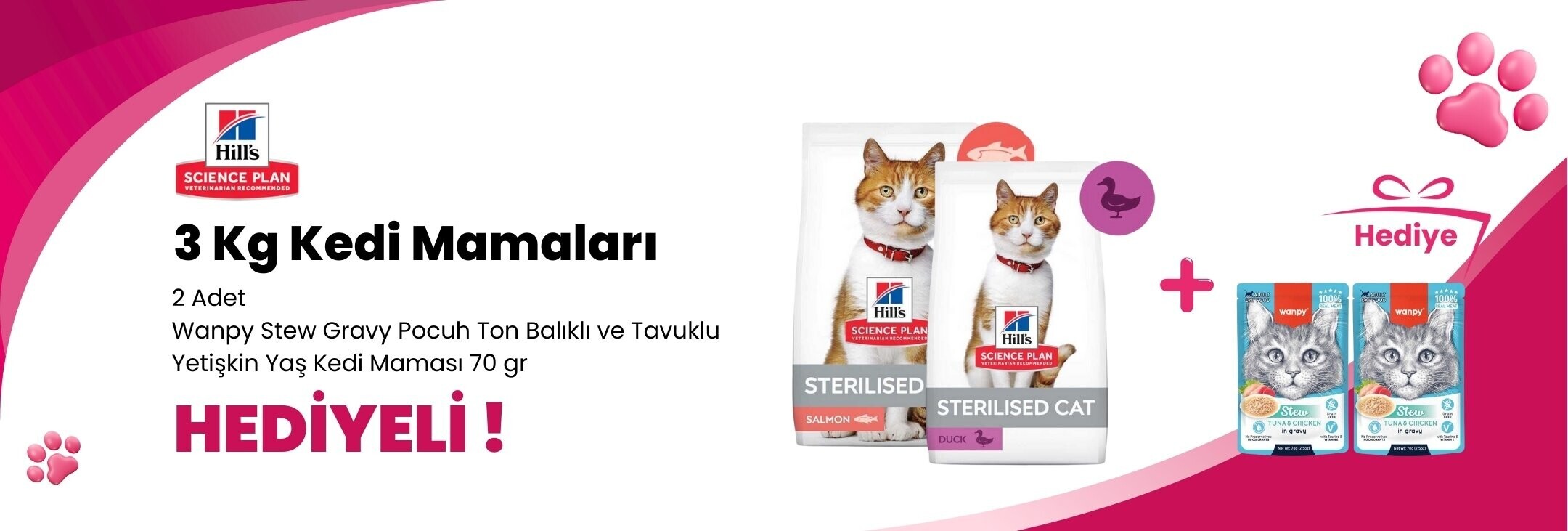 Hill's Science Plan 3 Kg Kedi Mamalarına 2 Adet Wanpy Stew Gravy Pocuh Ton Balıklı ve Tavuklu Yetişkin Yaş Kedi Maması 70 gr Hediye