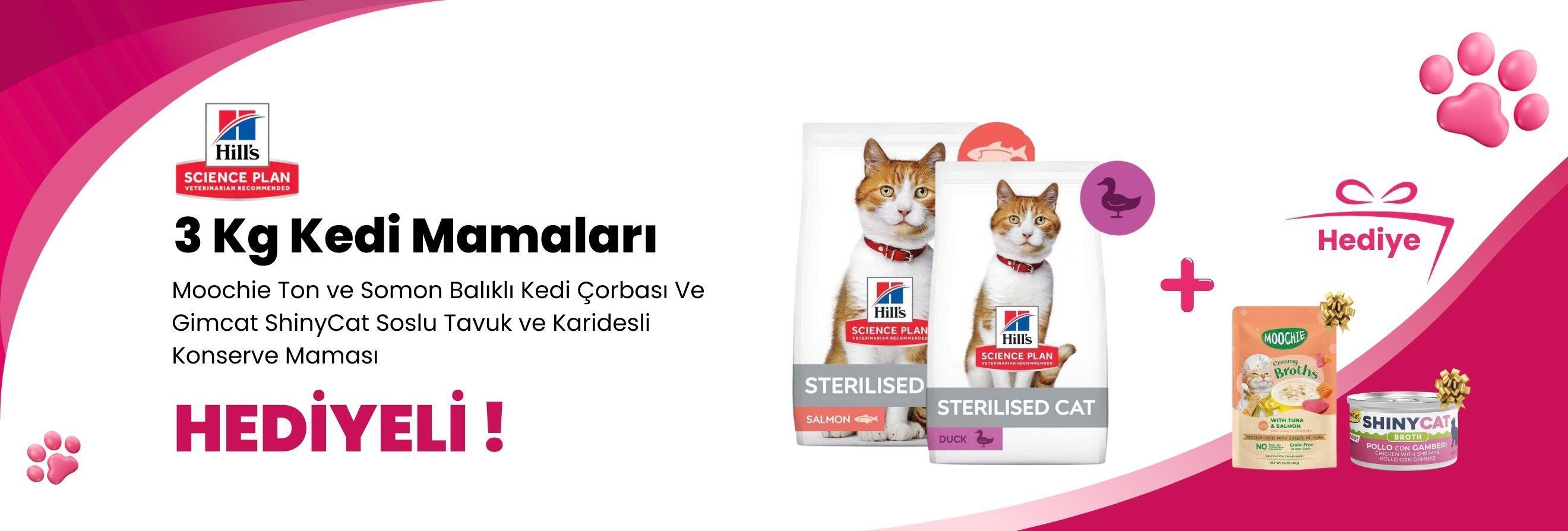 Hill's Science Plan 3 Kg Kedi Mamalarına Gimcat ShinyCat Soslu Tavuk ve Karidesli Konserve Mama 70 Gr ve Moochie Ton ve Somon Balıklı Kedi Çorbası 40 gr Hediye