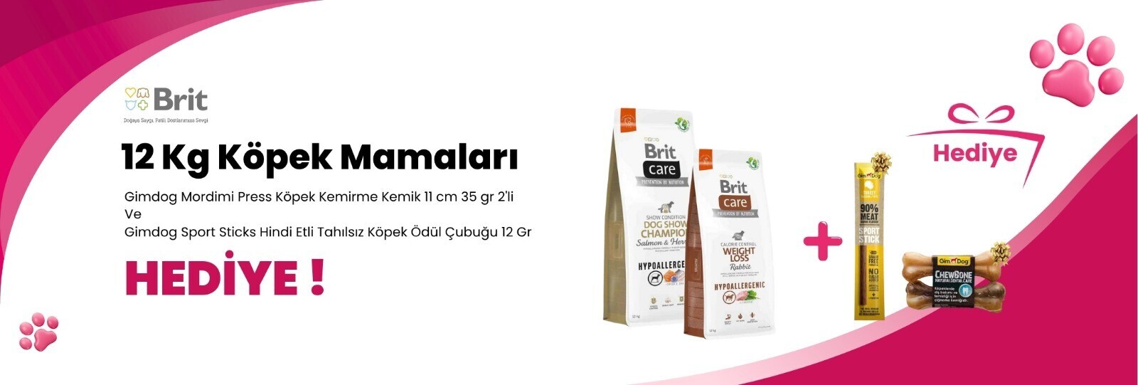 Brit Care 12 Kg Köpek Mamalarına Gimdog Mordimi Press Köpek Kemirme Kemik 11 cm 35 gr 2'li ve Gimdog Sport Sticks Hindi Etli Tahılsız Köpek Ödül Çubuğu 12 Gr Hediye