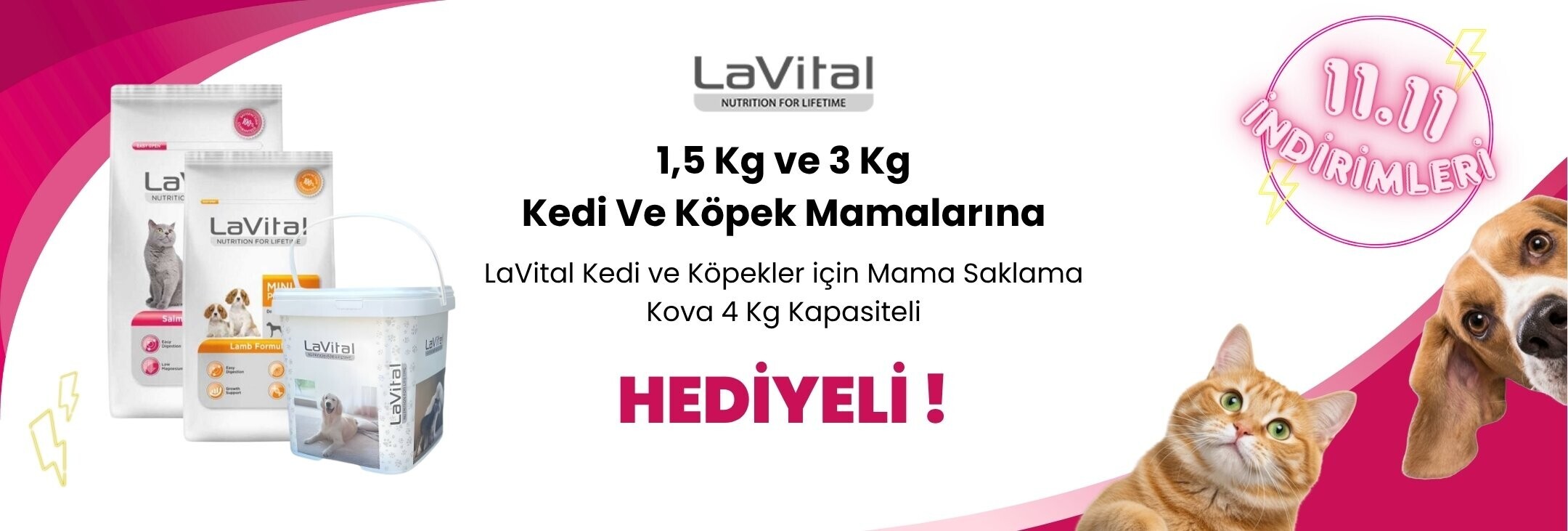 Lavital 1,5 ve 3 Kg Kedi ve Köpek Mamalarına LaVital Kedi ve Köpekler için Mama Saklama Kova 4 Kg Kapasiteli Hediye