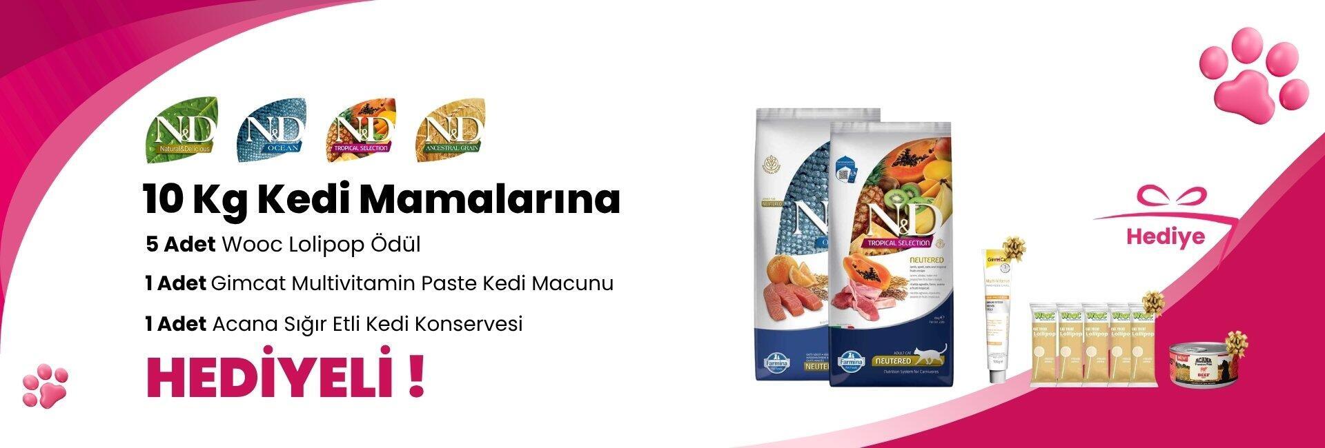 N&D 10 Kg Kedi Mamalarına 5 Adet Wooc Tavuk ve Yaban Mersinli Lollipop, Gimcat Multivitamin Paste Kedi Macunu 100 Gr ve Acana Premium Pate (Ezme) Tavuk Etli Kedi Konservesi 85 gr Hediye