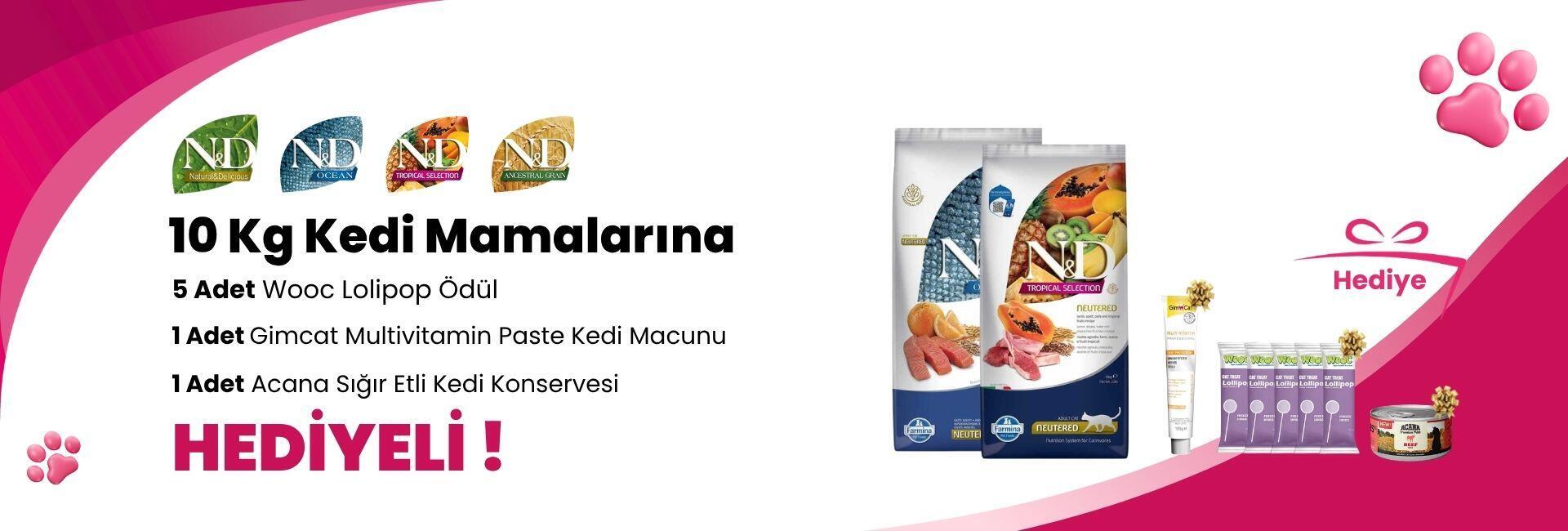 N&D 10 Kg Kedi Mamalarına 5 Adet Wooc Tavuk ve Yaban Mersinli Lollipop, Gimcat Multivitamin Paste Kedi Macunu 100 Gr ve Acana Premium Pate (Ezme) Tavuk Etli Kedi Konservesi 85 gr Hediye