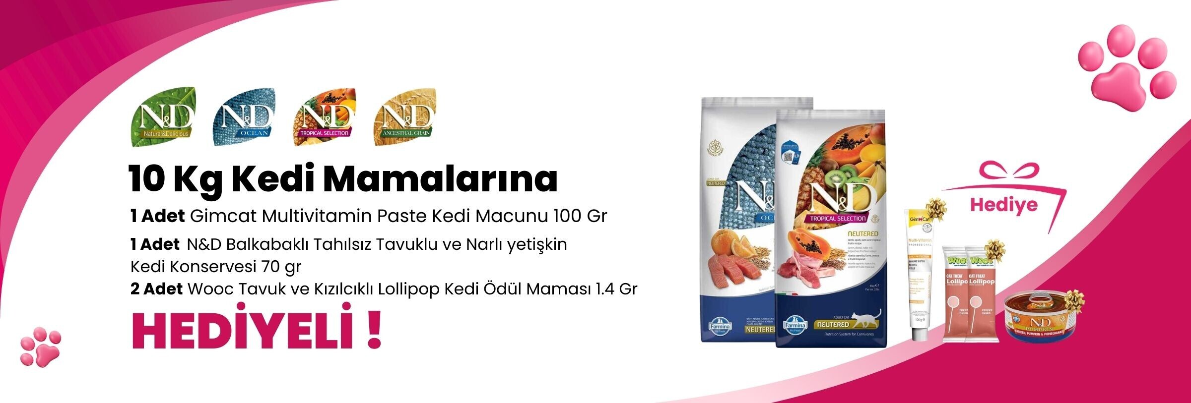 N&D 10 Kg Kedi Mamalarına Gimcat Multivitamin Paste Kedi Macunu 100 Gr, N&D Balkabaklı Tahılsız Tavuklu ve Narlı Yetişkin Kedi Konservesi 70 gr ve 2 Adet Wooc Tavuk ve Kızılcıklı Lollipop Kedi Ödül Maması 1.4 Gr 1 Adet Hediye