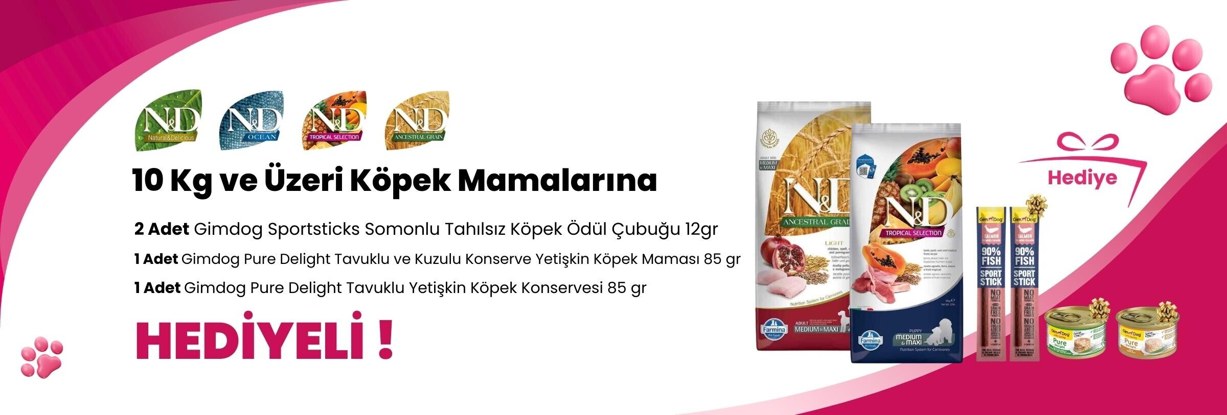 N&D 10 KG ve Üzeri Köpek Mamalarına Gimdog Pure Delight Tavuklu Yetişkin Köpek Konservesi 85 gr, Gimdog Pure Delight Tavuklu ve Kuzulu Konserve Yetişkin Köpek Maması 85 gr ve 2 Adet Gimdog Sportsticks Somonlu Tahılsız Köpek Ödül Çubuğu 12gr