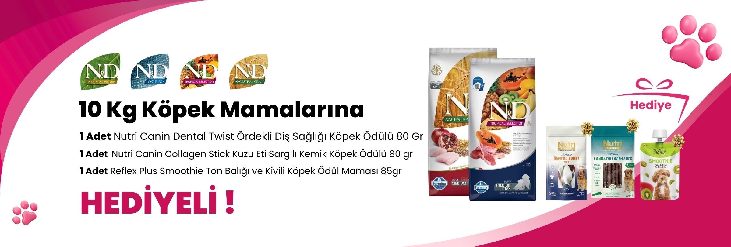N&D 10 KG ve Üzeri Köpek Mamalarına Nutri Canin Dental Twist Ördekli Diş Sağlığı Köpek Ödülü 80 Gr, Nutri Canin Collagen Stick Kuzu Eti Sargılı Kemik Köpek Ödülü 80 gr ve Reflex Plus Smoothie Ton Balığı ve Kivili Köpek Ödül Maması 85gr Hediye