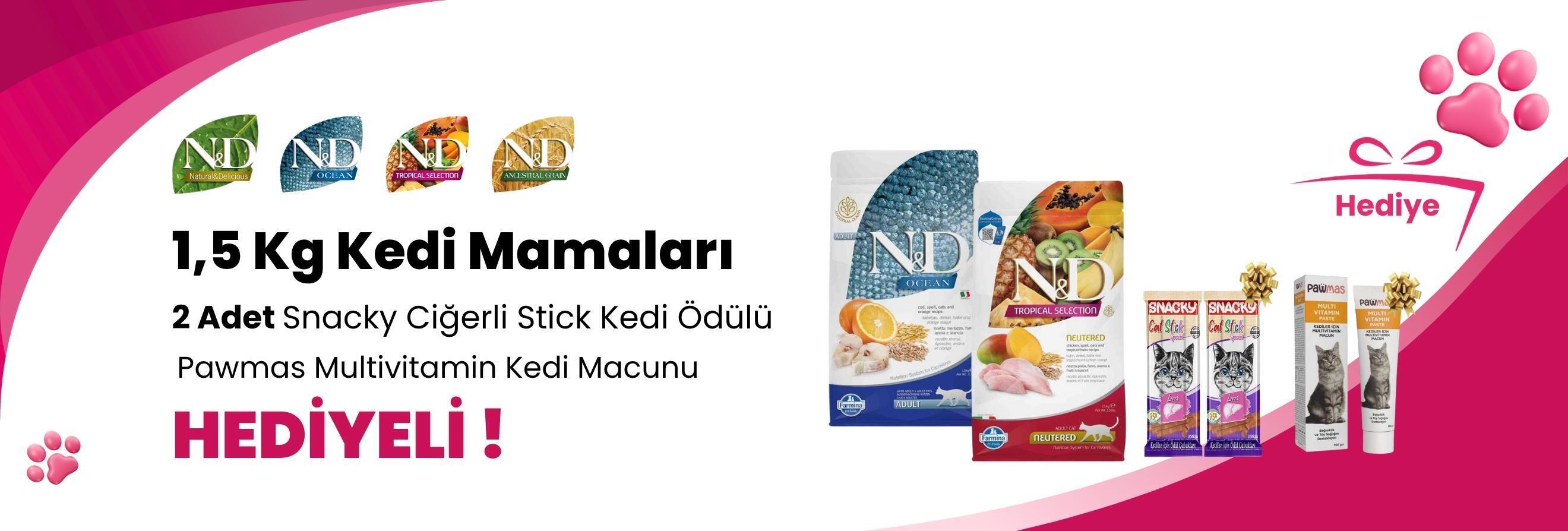 N&D 1,5 Kg Kedi Mamalarına 2 Adet Snacky Ciğerli Stick Kedi Ödülü ve Pawmas Multivitamin Kedi Macunu 100 Gr Hediye
