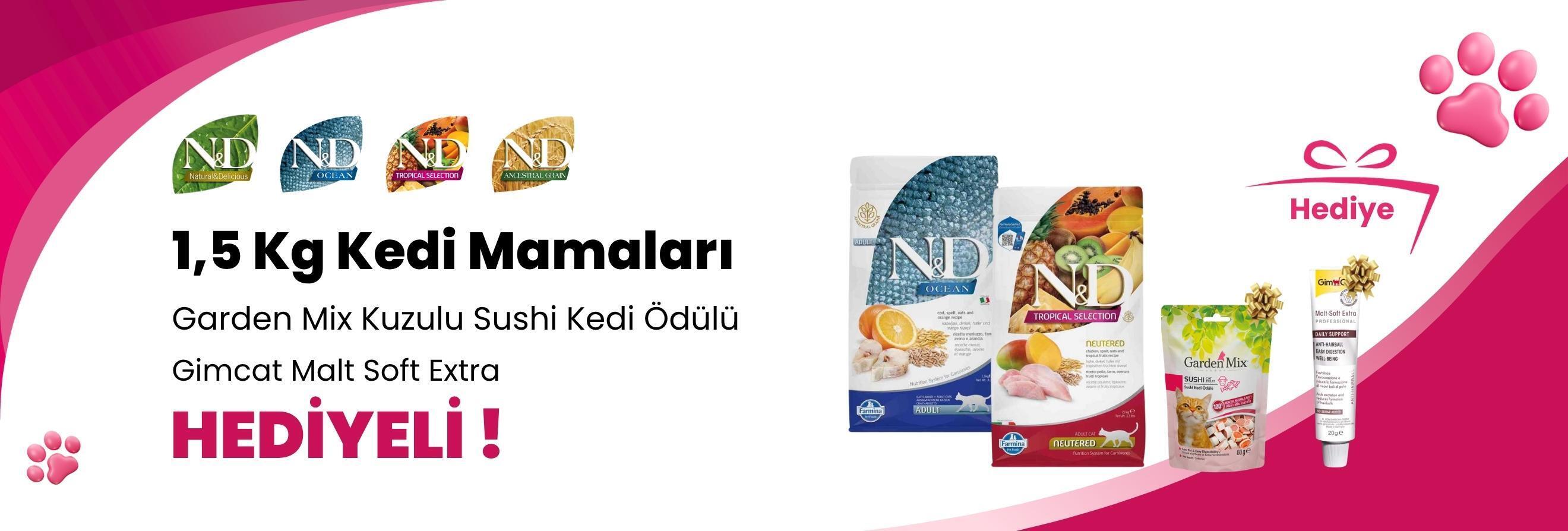 N&D 1,5 Kg Kedi Mamalarına Garden Mix Kuzulu Sushi Kedi Ödülü 60 gr ve Gimcat Malt Soft Extra 20 gr Hediye