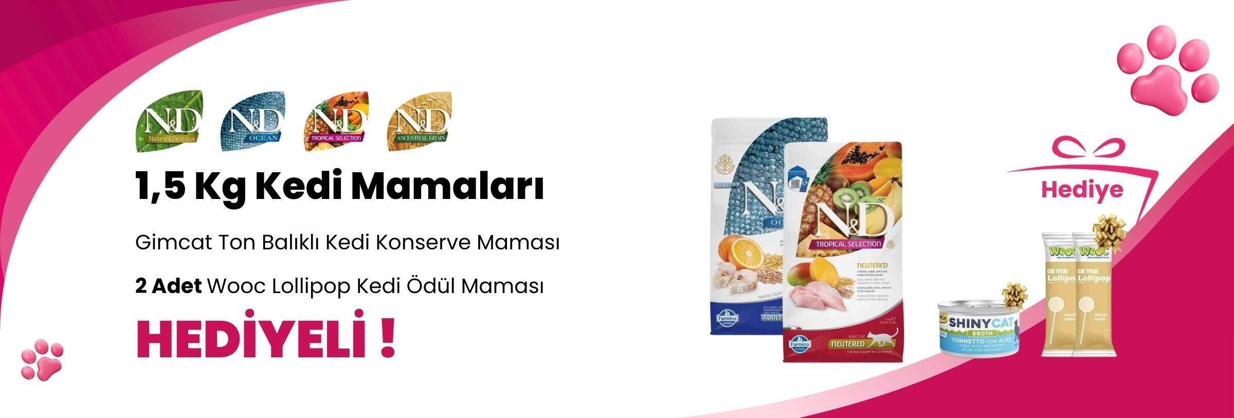 N&D 1,5 Kg Kedi Mamalarına 5 Adet Wooc Tavuk ve Yaban Mersinli Lollipop Kedi Ödül Maması Hediye