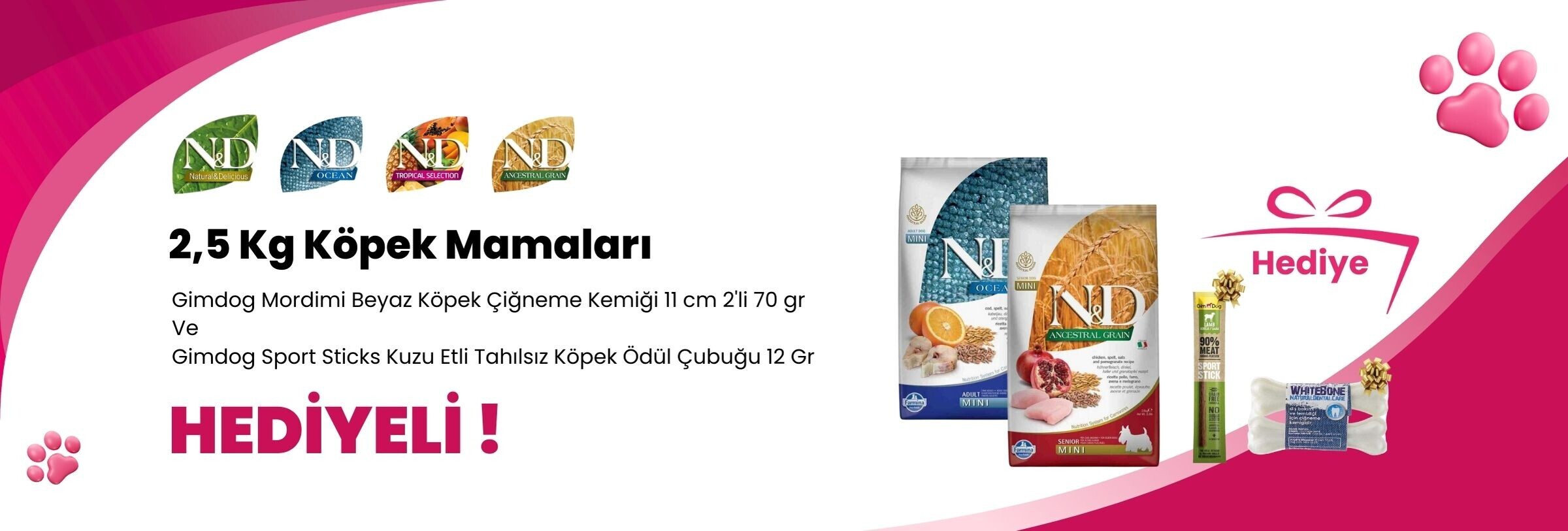 N&D 2,5 Kg Köpek Mamalarına Gimdog Mordimi Beyaz Köpek Çiğneme Kemiği 11 cm 2'li 70 gr ve Gimdog Sport Sticks Kuzu Etli Tahılsız Köpek Ödül Çubuğu 12 Gr Hediye