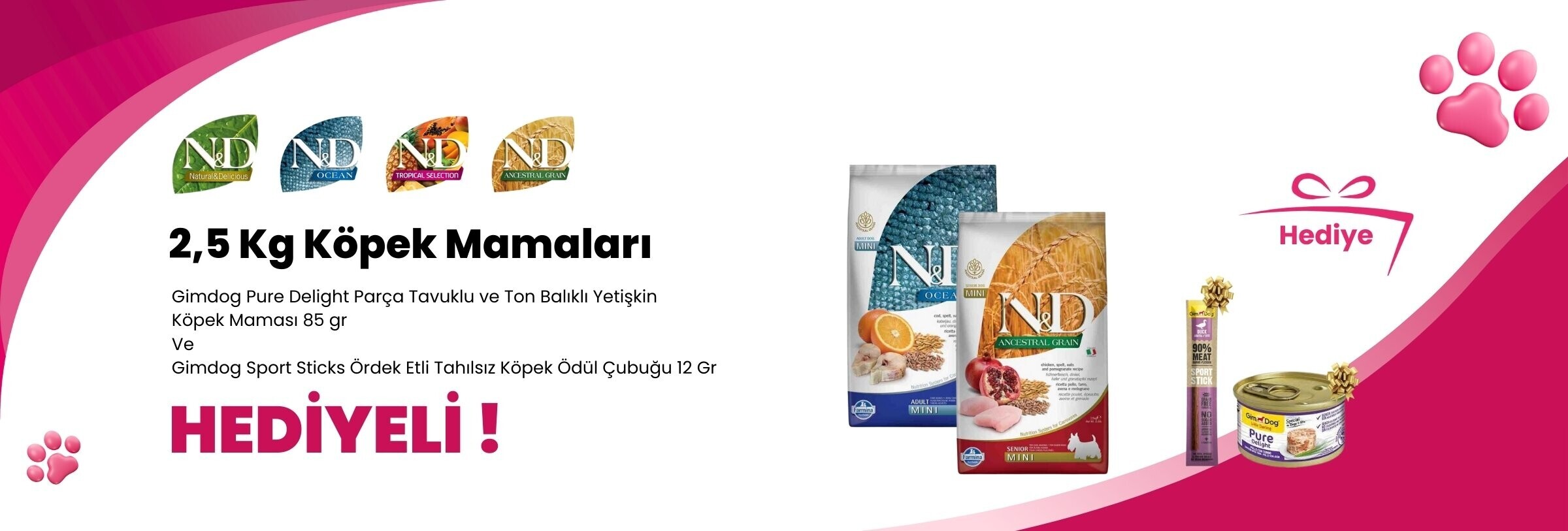 N&D 2,5 Kg Köpek Mamalarına Gimdog Mordimi Beyaz Köpek Çiğneme Kemiği 11 cm 2'li 70 gr ve Gimdog Sport Sticks Kuzu Etli Tahılsız Köpek Ödül Çubuğu 12 Gr Hediye