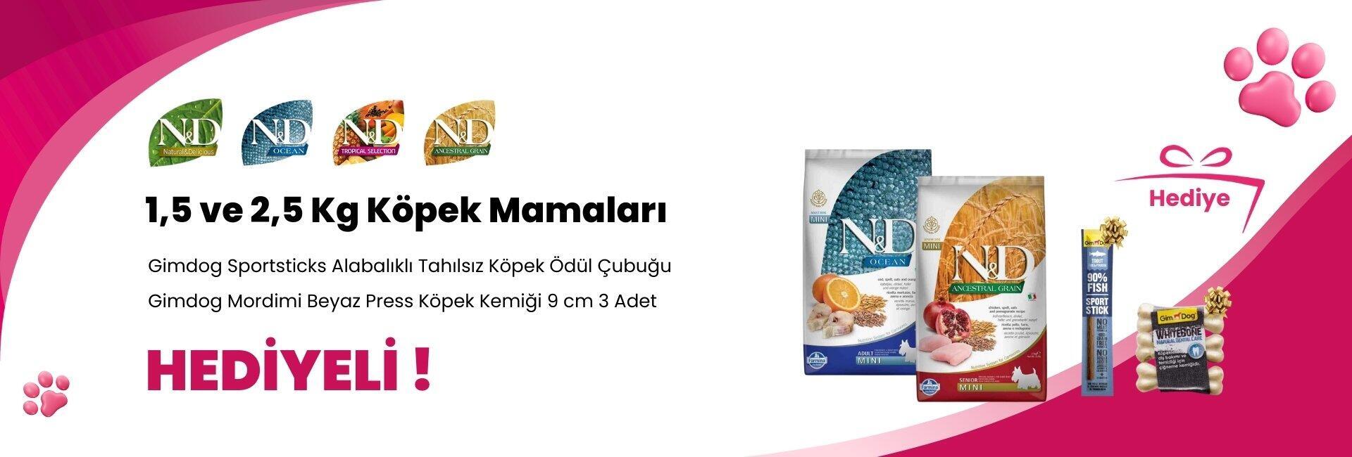 N&D 1,5 ve 2,5 Kg Köpek Mamalarına Gimdog Sportsticks Alabalıklı Tahılsız Köpek Ödül Çubuğu 12gr ve Gimdog Mordimi Beyaz Press Köpek Kemiği 9 cm 3 Adet Hediye