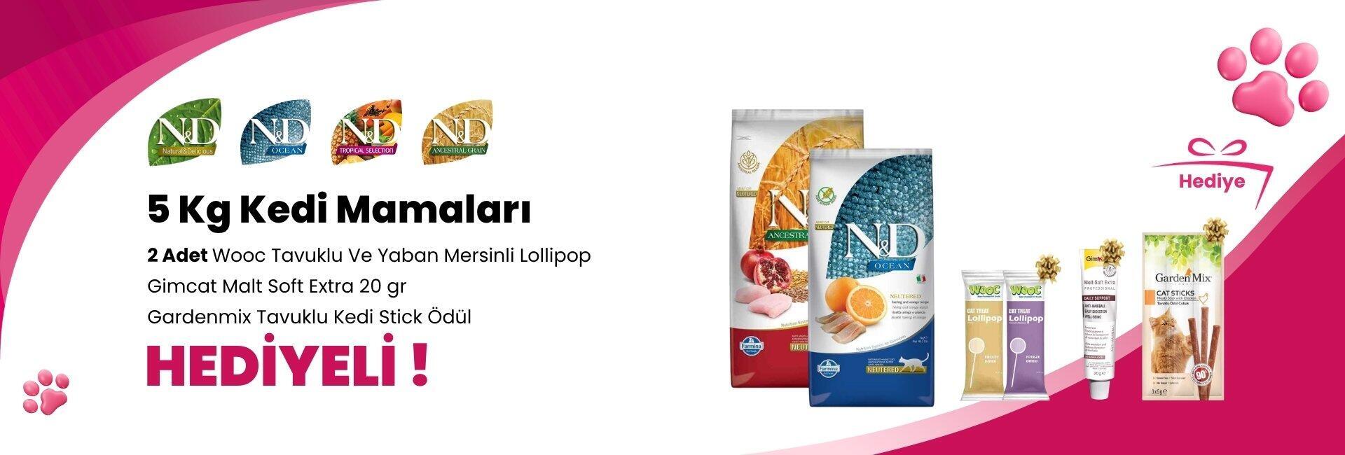 N&D 5 Kg Kedi Mamalarına Wooc Tavuklu Lollipop Kedi Ödül Maması, Wooc Tavuk ve Yaban Mersinli Lollipop Kedi Ödül Maması, Gimcat Malt Soft Extra 20 gr ve Gardenmix Tavuklu Kedi Stick Ödül 3*5gr Hediye