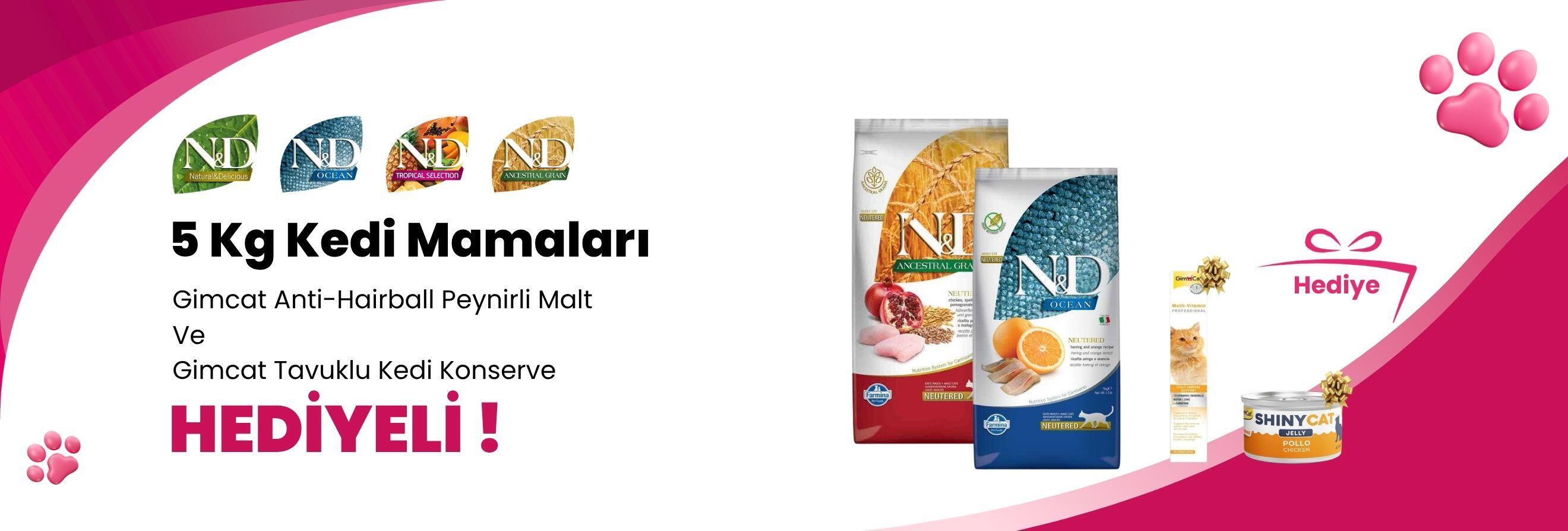 N&D 5 Kg Kedi Mamalarına Gimcat Shinycat Sos İçinde Jelly Tavuklu Kedi Konserve Maması 70 Gr ve Gimcat Anti-Hairball Duo Paste Peynirli Malt 50 gr Hediye