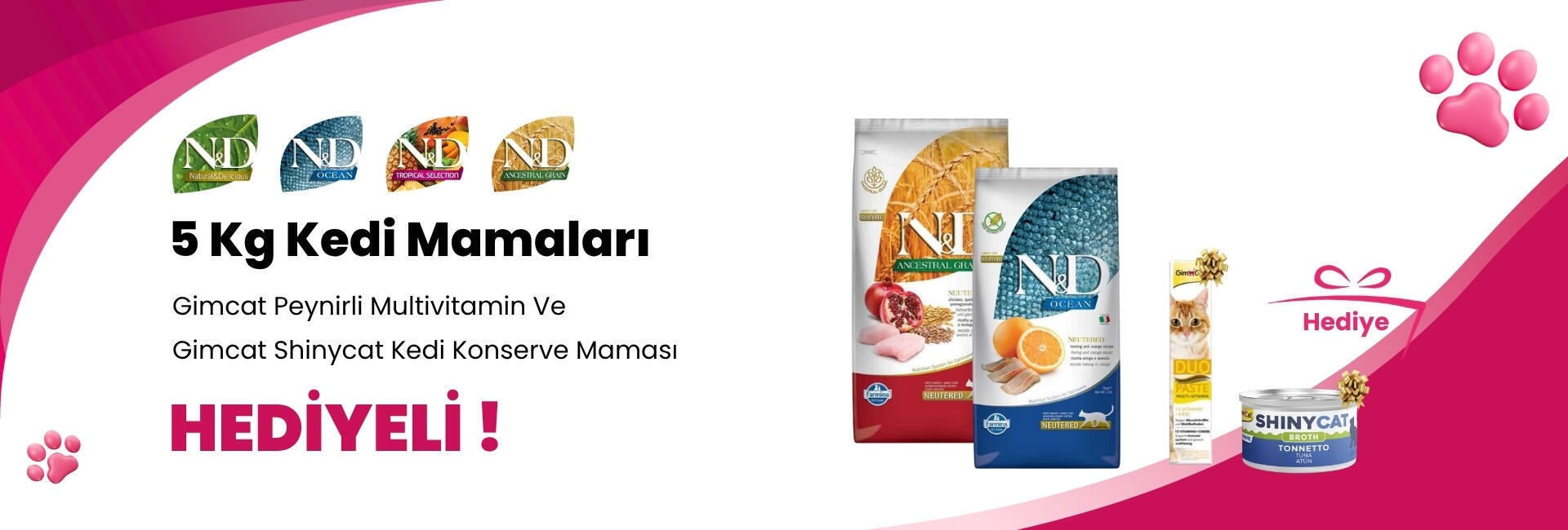 N&D 5 Kg Kedi Mamalarına Gimcat Duo Peynirli Multivitamin 50 gr ve Gimcat Shinycat Sos İçinde Ton Balığı Kedi Konserve Maması 70 Gr Hediye