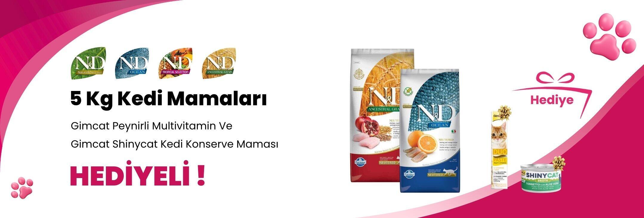 N&D 5 Kg Kedi Mamalarına Gimcat Duo Peynirli Multivitamin 50 gr ve Gimcat Shinycat Sos İçinde Aloe Veralı Ton Balığı Kedi Konserve Maması 70 Gr Hediye