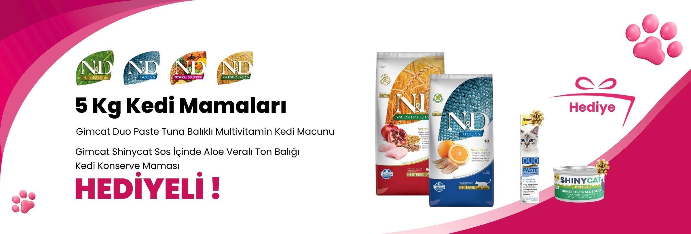 N&D 5 Kg Kedi Mamalarına Gimcat Duo Paste Tuna Balıklı Multivitamin Kedi Macunu 50 gr ve Gimcat Shinycat Sos İçinde Aloe Veralı Ton Balığı Kedi Konserve Maması 70 Gr Hediye