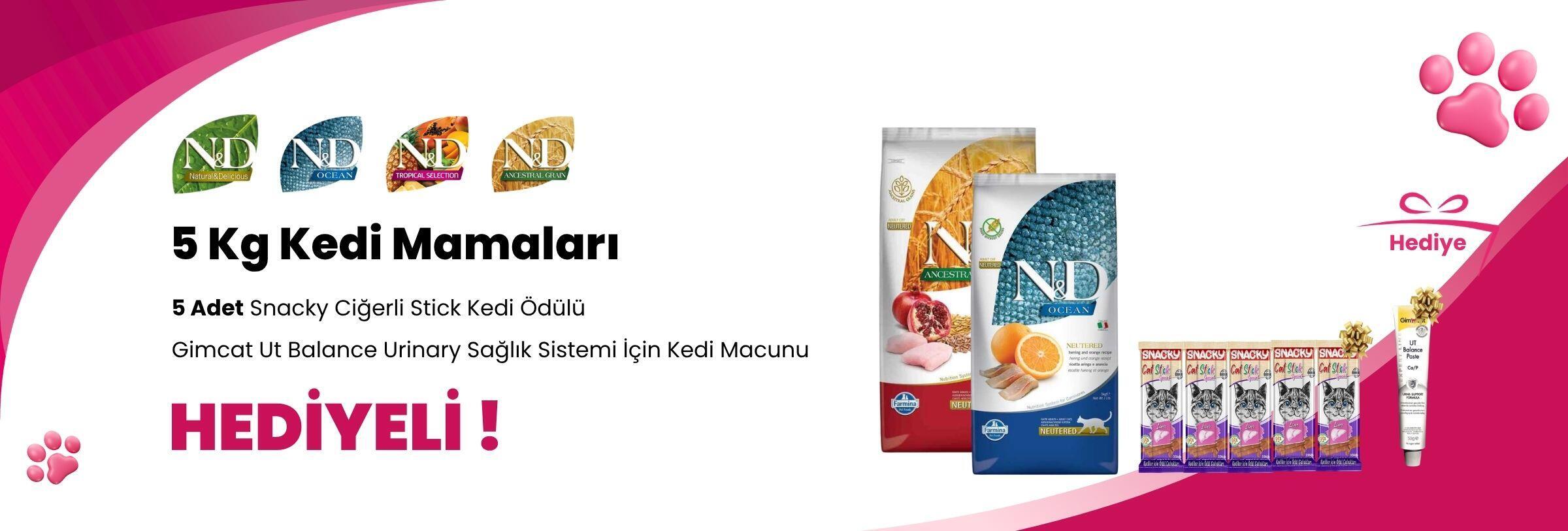 N&D 5 Kg Kedi Mamalarına 5 Adet Snacky Ciğerli Stick Kedi Ödülü 3 X 5 Gr ve Gimcat Ut Balance Urinary Sağlık Sistemi İçin Kedi Macunu 50 gr Hediye