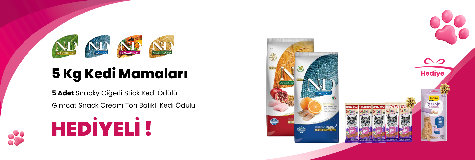 N&D 5 Kg Kedi Mamalarına 5 Adet Snacky Ciğerli Stick Kedi Ödülü 3 X 5 Gr ve Gimcat Ut Balance Urinary Sağlık Sistemi İçin Kedi Macunu 50 gr Hediye