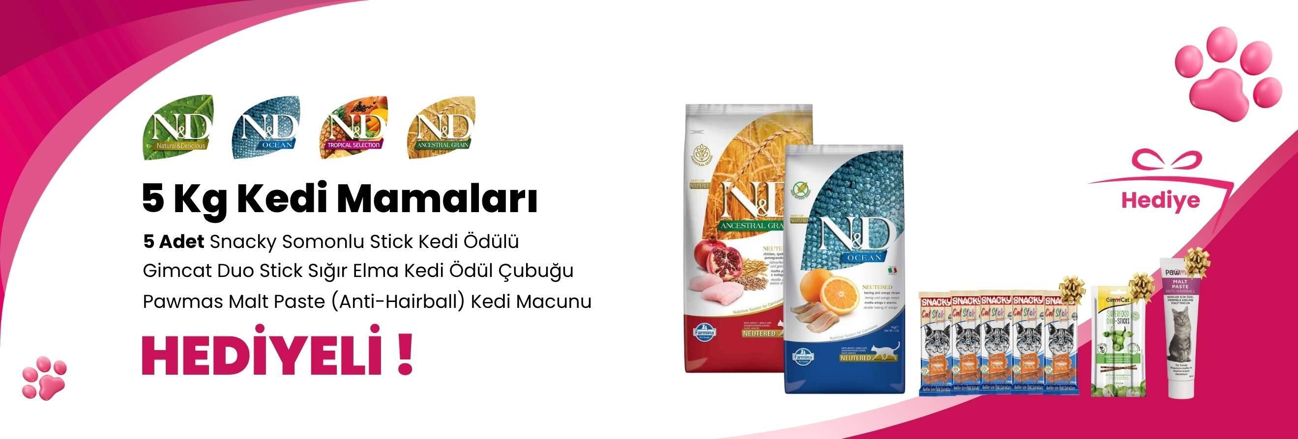 N&D 5 Kg Kedi Mamalarına Pawmas Malt Paste (Anti-Hairball) Kedi Macunu 100 Gr, 5 Adet Snacky Somonlu Stick Kedi Ödülü ve Gimcat Duo Stick Sığır Elma Kedi Ödül Çubuğu Hediye