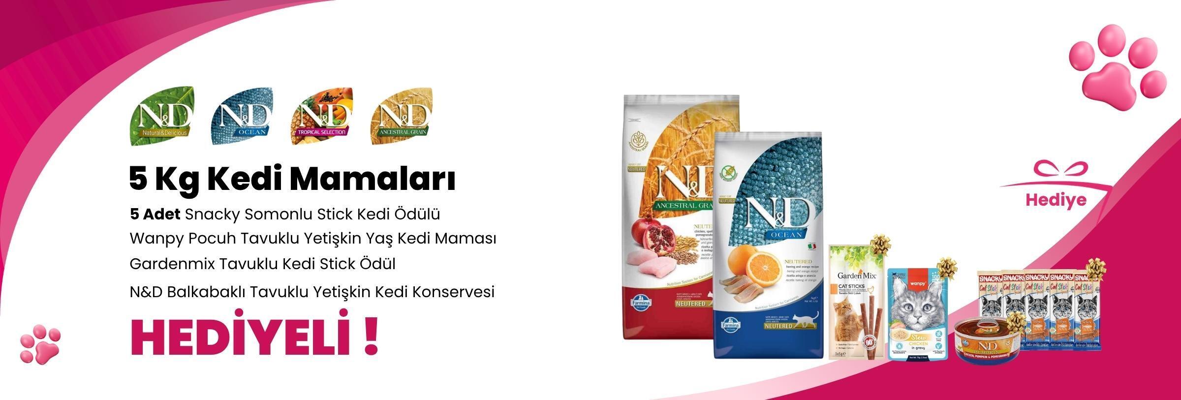 N&D 5 Kg Kedi Mamalarına 5 Adet Snacky Somonlu Stick Kedi Ödülü, Wanpy Stew Gravy Pocuh Tavuklu Yetişkin Yaş Kedi Maması 70 gr, Gardenmix Tavuklu Kedi Stick Ödül, N&D Balkabaklı Tahılsız Tavuklu ve Narlı Yetişkin Kedi Konservesi 70 gr Hediye