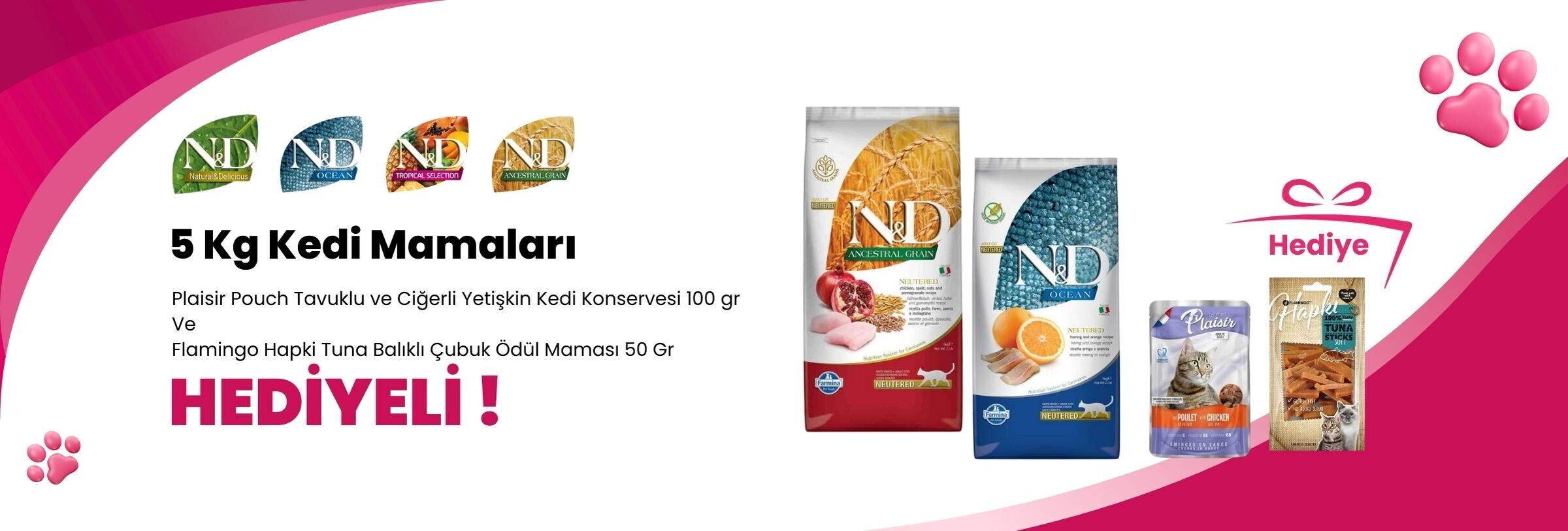 N&D 5 Kg Kedi Mamalarına Supreme Cat Jöleli Parça Etli Ton Balık Ve Karidesli Kedi Konservesi 85 gr ve Supreme Cat Jöleli Parça Etli Ton Balıklı Kedi Konservesi 85 gr Hediye